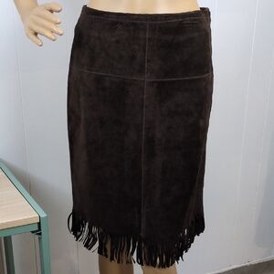 Leather Brown Fringe Skirt with Hidden Side Zipper Size 3/4